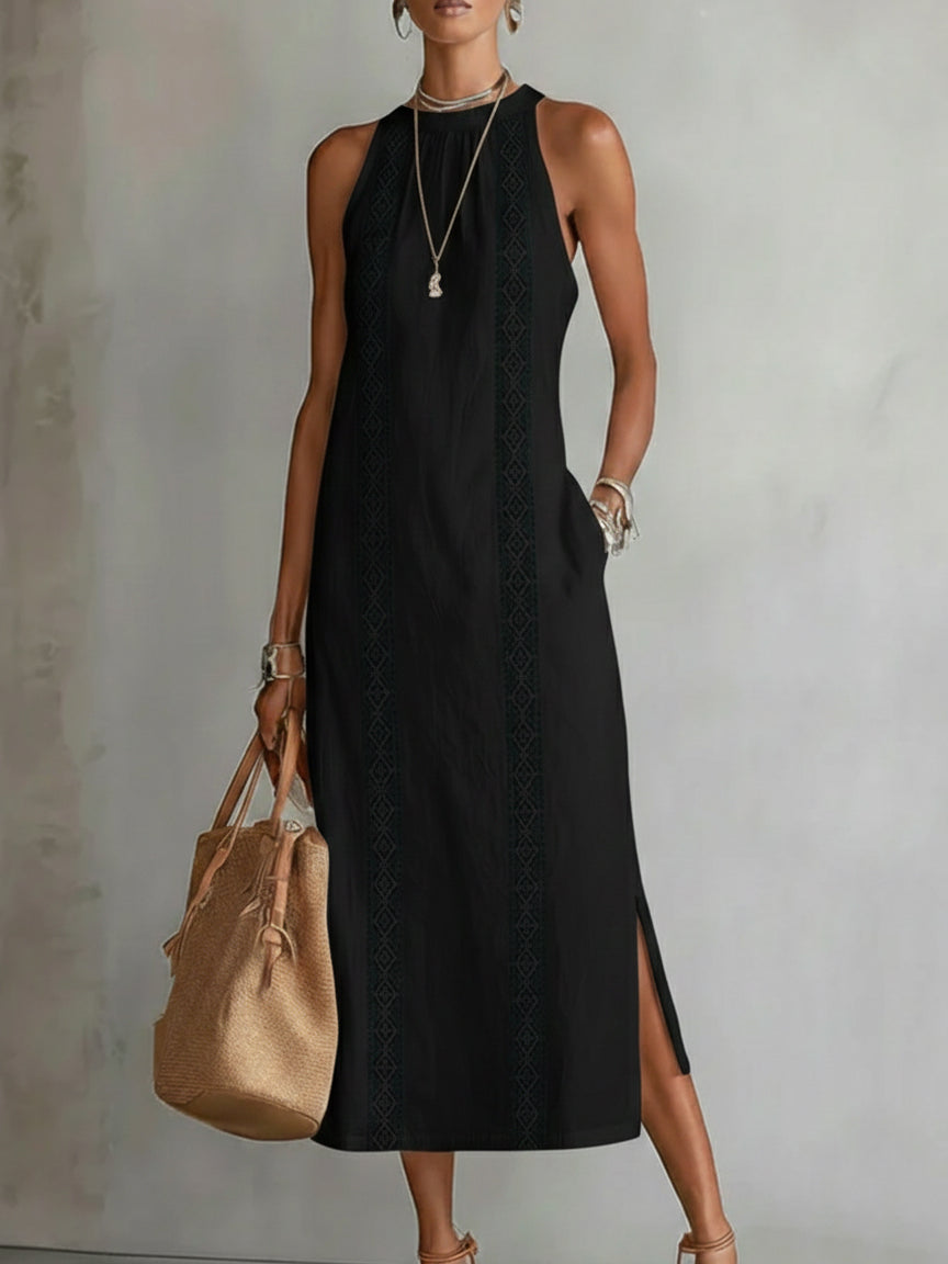 Damen ärmelloses, besticktes Maxikleid. Langes, elegantes Sommerkleid, ideal als Freizeit- oder Partykleid.