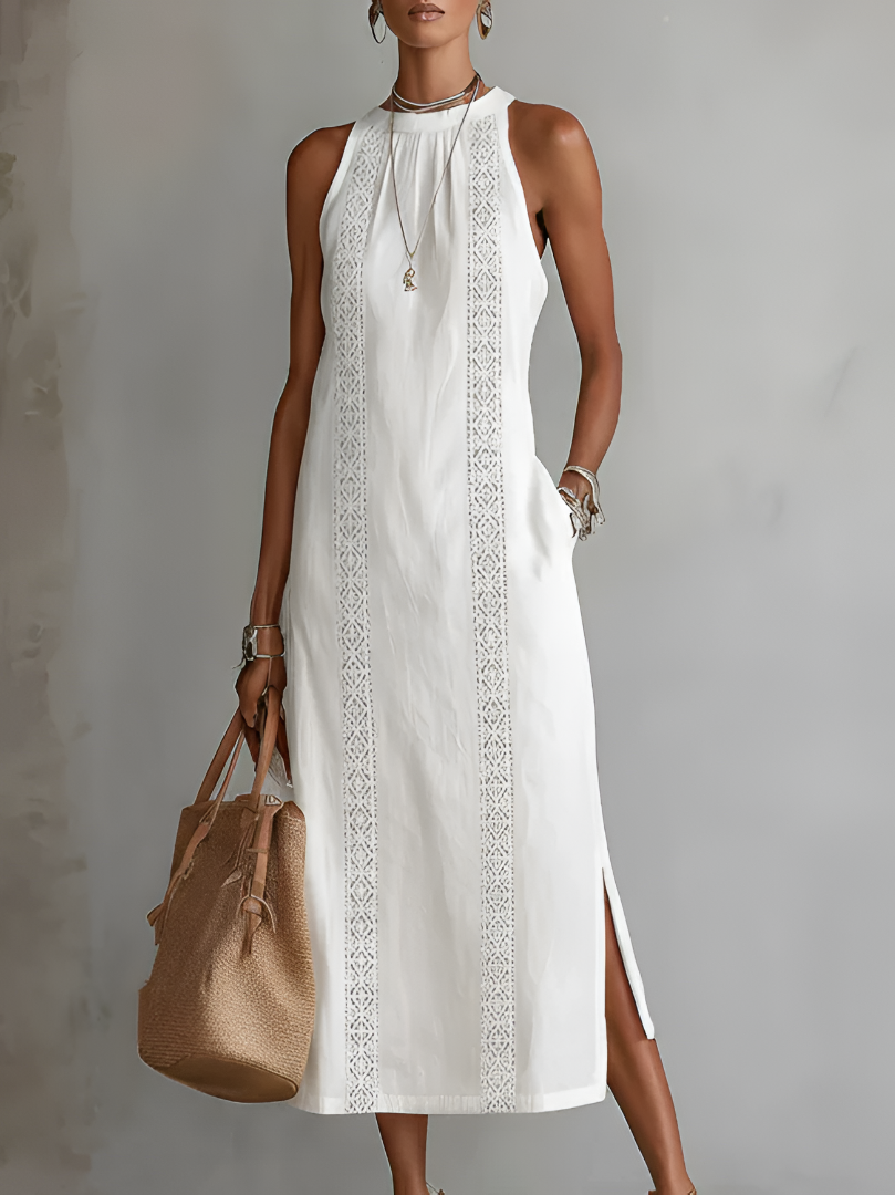 Elegantes Damen Maxikleid ärmellos mit Stickereien, ideal als Partykleid oder für besondere Anlässe.