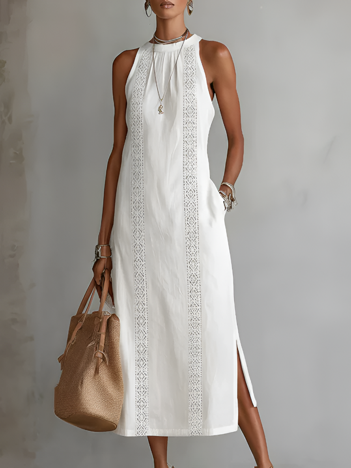 Elegantes Damen Maxikleid ärmellos mit Stickereien, ideal als Partykleid oder für besondere Anlässe.