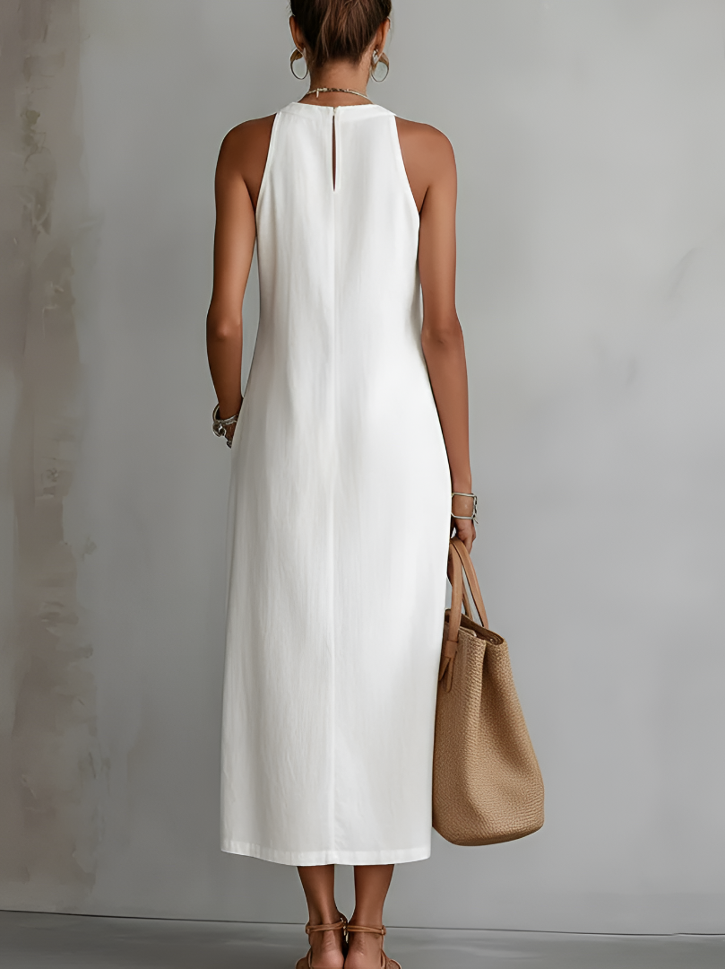 Fließendes Damen Sommer Maxikleid, ärmellos und bestickt, optimal als Strandkleid oder für warme Tage.