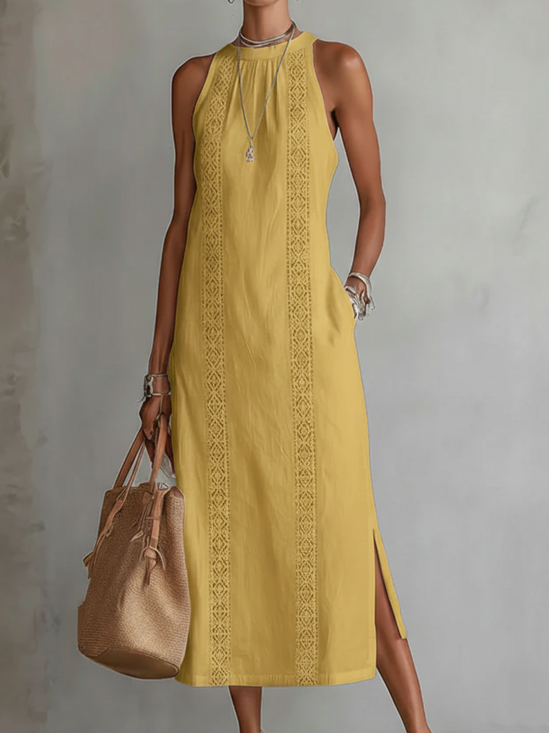 Aufwendig besticktes Damen Maxikleid, ärmellos. Elegantes Sommerkleid mit langem, fließendem Schnitt.