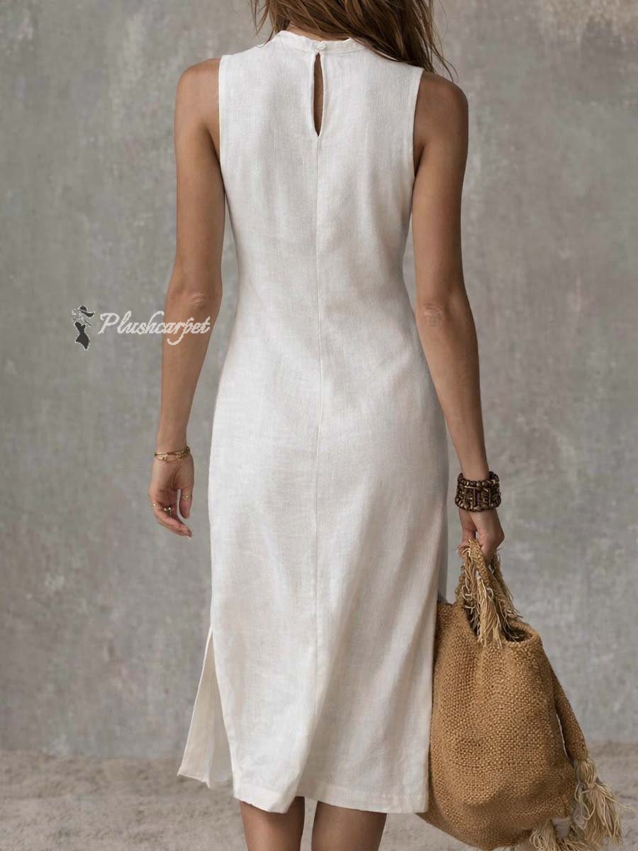 Ärmelloses Damen Reisekleid, Midilänge mit Stehkragen & Seitenschlitz. Komfortabel, stilvoll & ideal als Freizeitkleid.