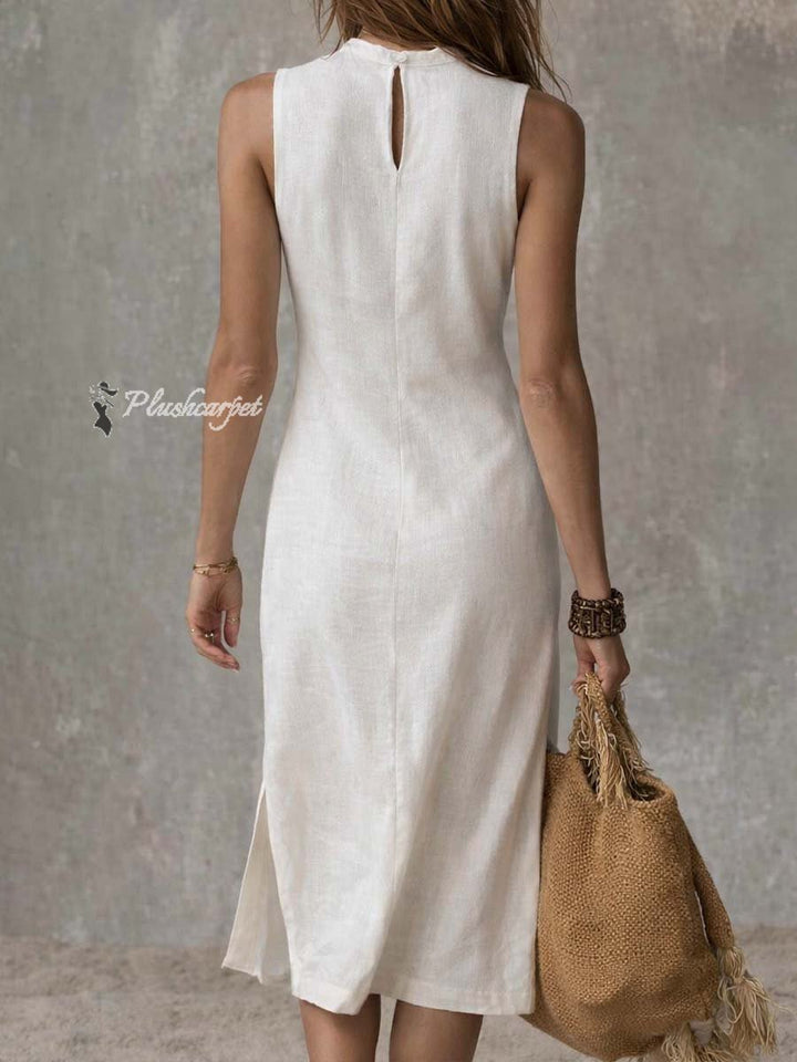 Ärmelloses Damen Reisekleid, Midilänge mit Stehkragen & Seitenschlitz. Komfortabel, stilvoll & ideal als Freizeitkleid.