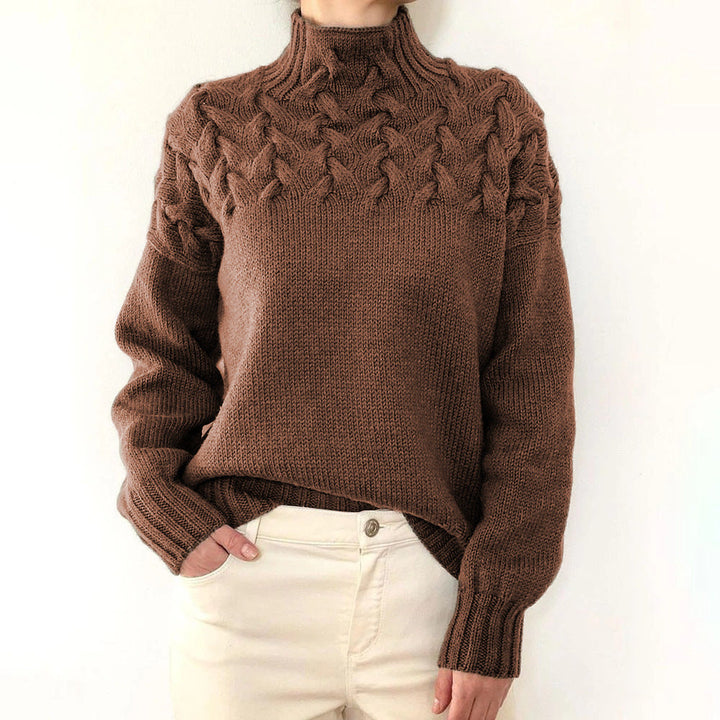 Damen Langarm Strickpullover mit hohem Rollkragen. Warm und stilvoll für die kühlen Herbsttage.