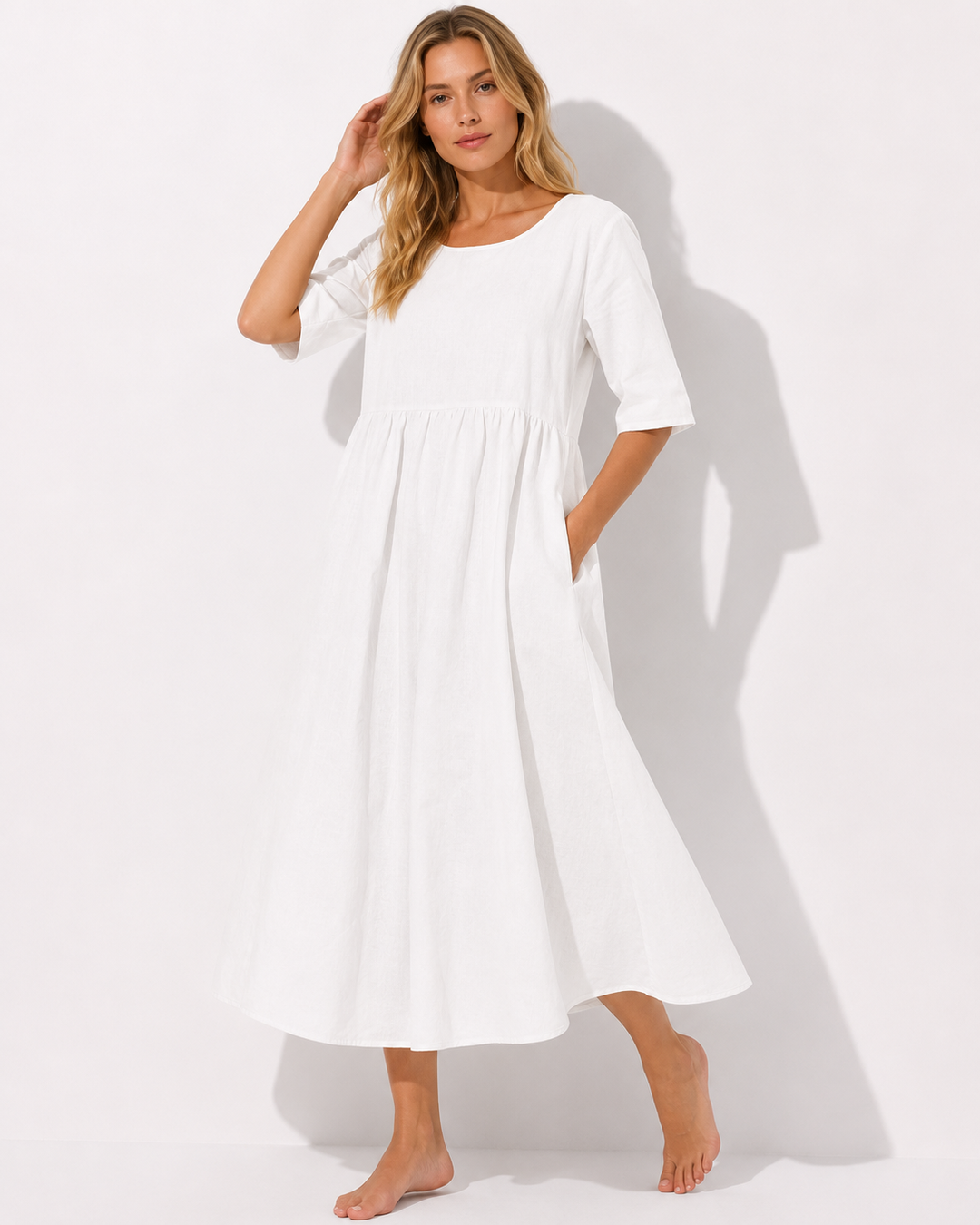 Trendiges Rundhals-Sommerkleid für Damen, Kurzarm & praktische Taschen, für modische Auftritte.