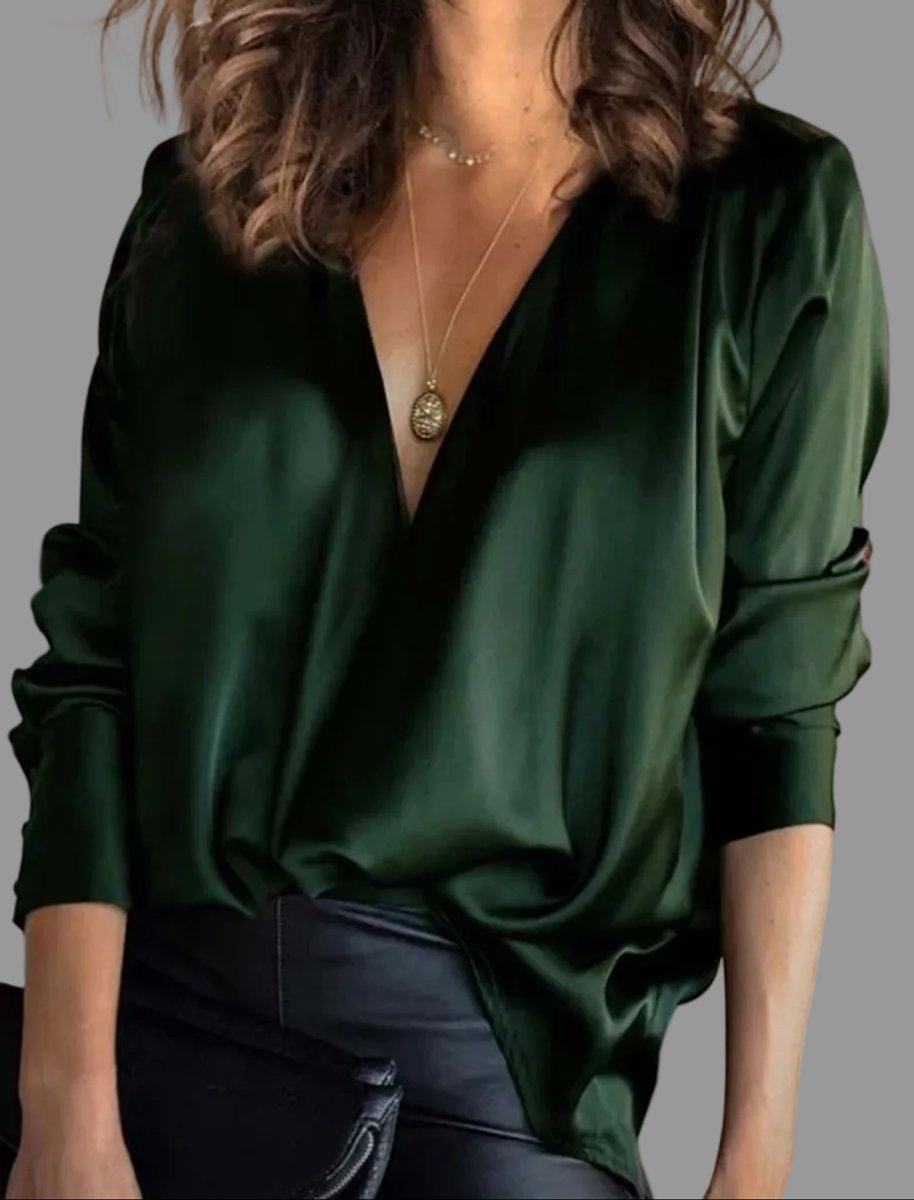 Elegante Damen Satin Bluse mit V-Ausschnitt und Langarm in Grün für festliche Anlässe & Abendgarderobe.