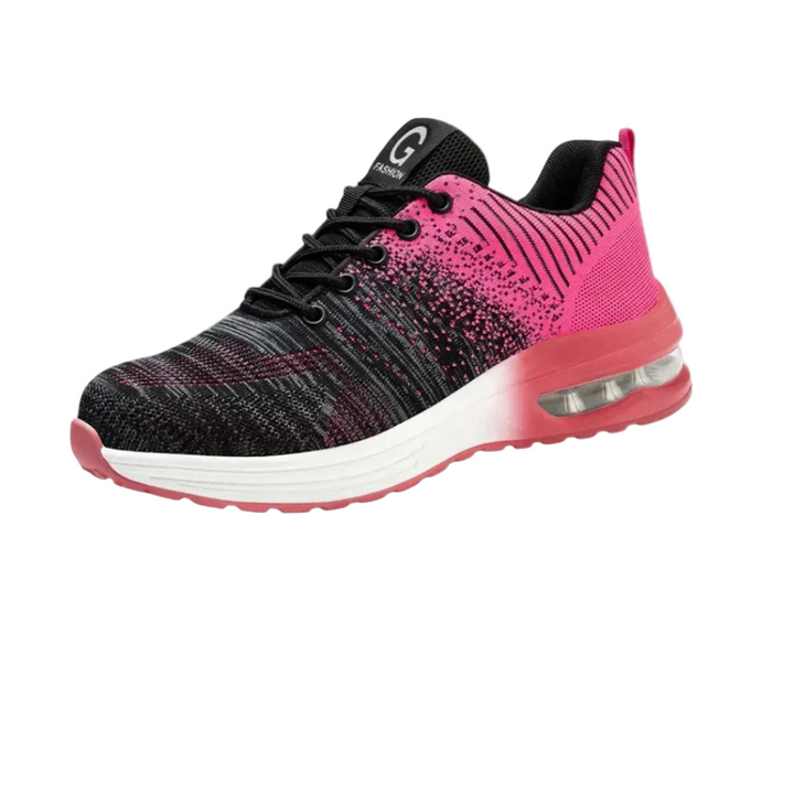 Stylische Damen Sicherheitssneaker in Schwarz/Rosa mit Stahlkappe und rutschhemmender Sohle. Ideale Berufsschuhe.