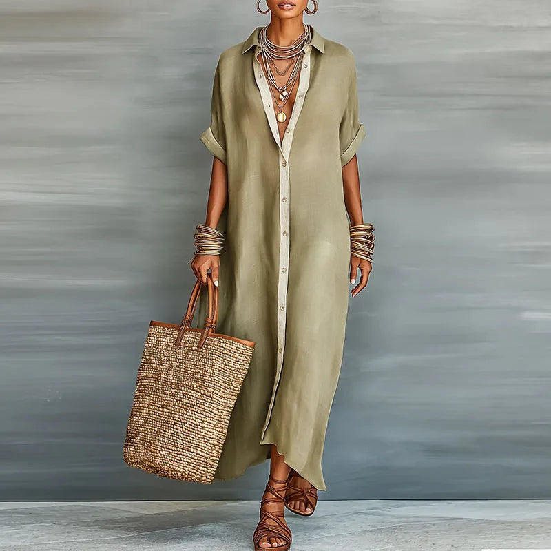 Damen Sommer Maxikleid mit Kragen, Knopfleiste und Kurzarm. Elegantes, bequemes Freizeitkleid für den Strand.