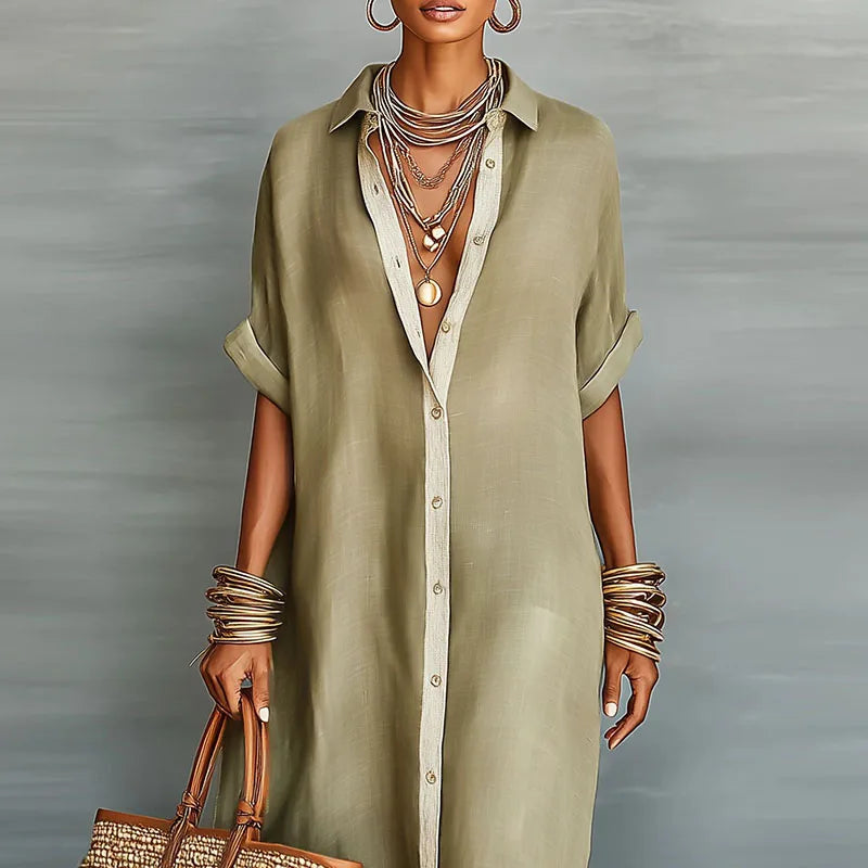 Elegantes Damen Maxikleid, kurzarm, mit modischem Kragen und durchgehender Knopfleiste. Ideal für Sommer.