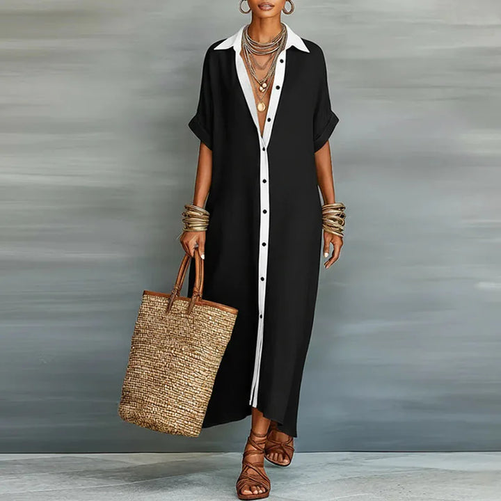 Bequemes Damen Sommerkleid, Maxilänge, mit Kragen und Knopfleiste. Stilvoll und locker für heiße Tage.