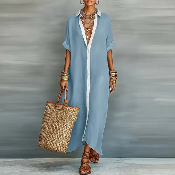 Damen Sommerkleid, Maxilänge, mit eleganter Knopfleiste und Kragen. Locker und atmungsaktiv für den Urlaub.