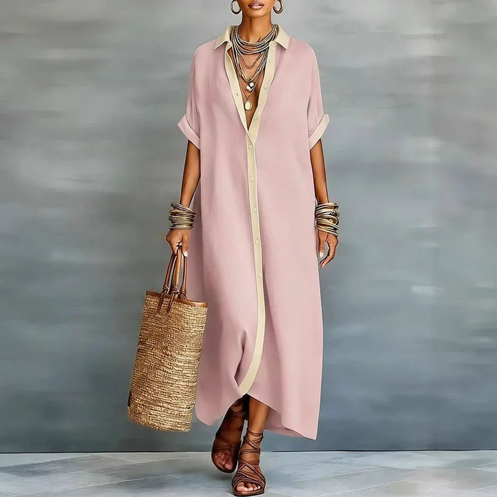 Schickes Damen Sonnenkleid mit Kragen und Knopfleiste. Ein luftiges, bequemes Maxikleid für sommerliche Tage.