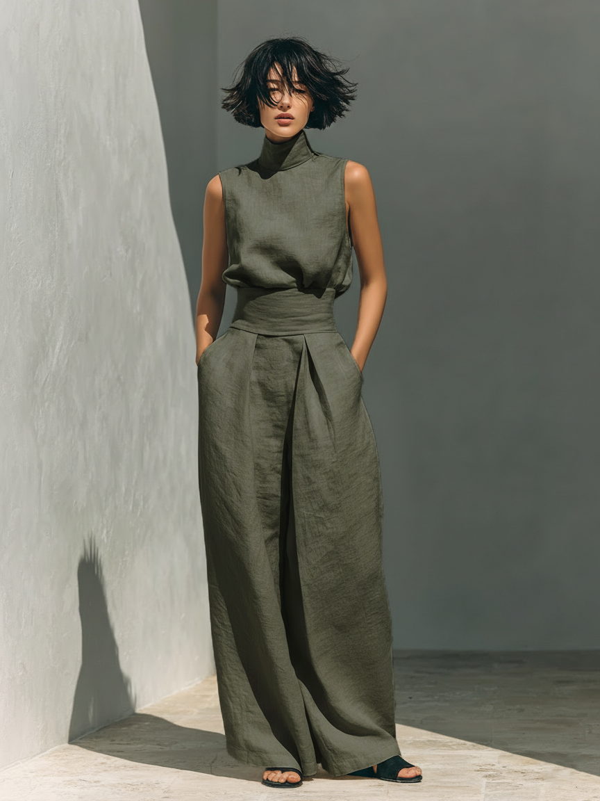 Elegantes Damen Sommer-Set Alina: Ärmellose Bluse & weite, fließende Hose in hellem Stoff. Ideal für warme Tage.