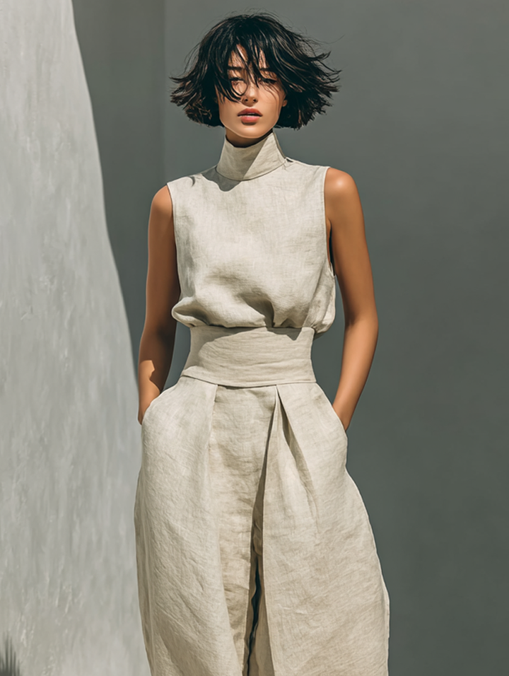 Modernes Damen Sommerset Alina: Luftiger Zweiteiler mit ärmelloser Bluse & weiter Hose, ideal für stilvolle Freizeit.