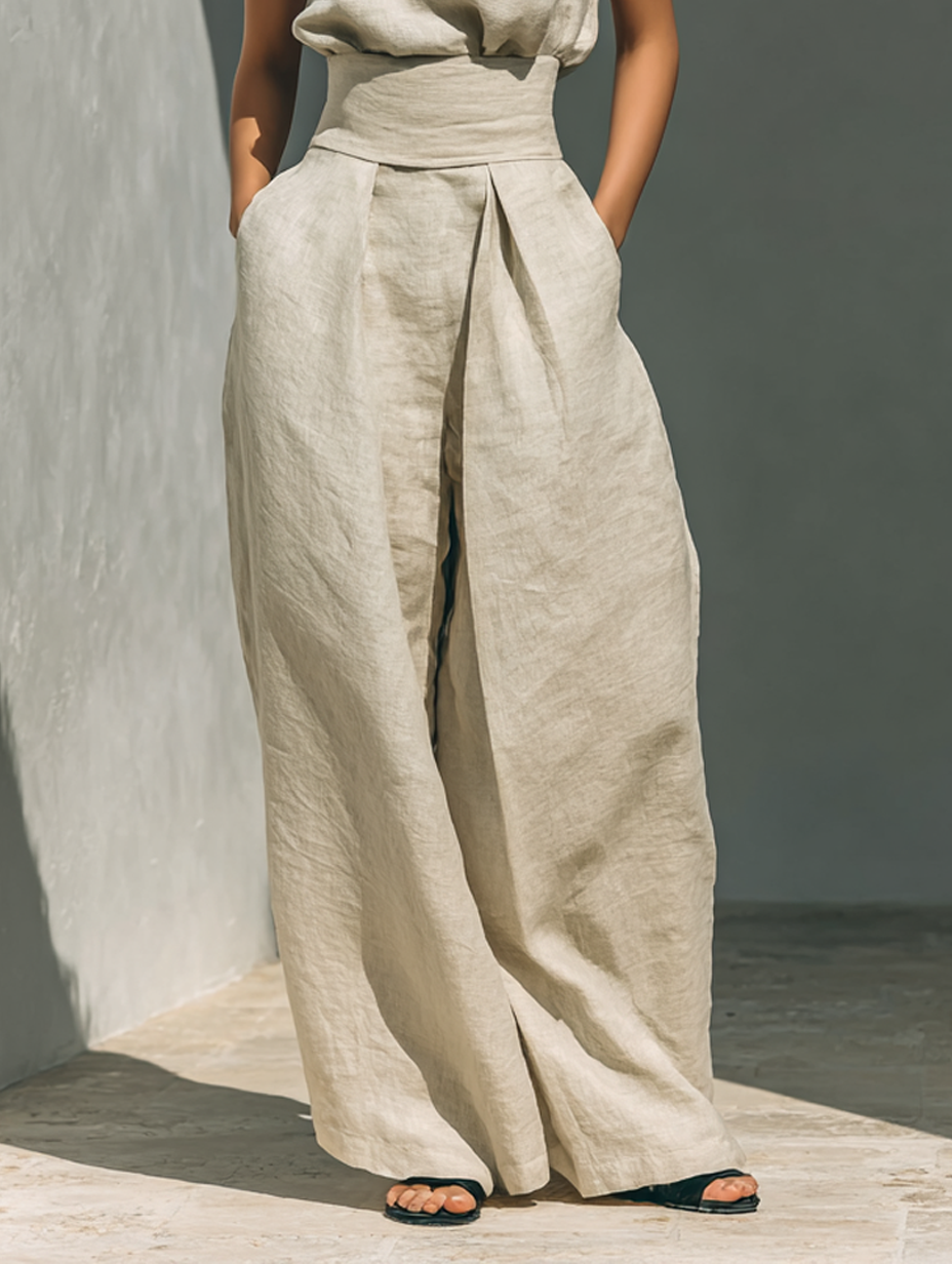 Leichtes, fließendes Damen Sommer-Set Alina, bestehend aus ärmelloser Bluse & weiter Hose. Minimalistisch & bequem.