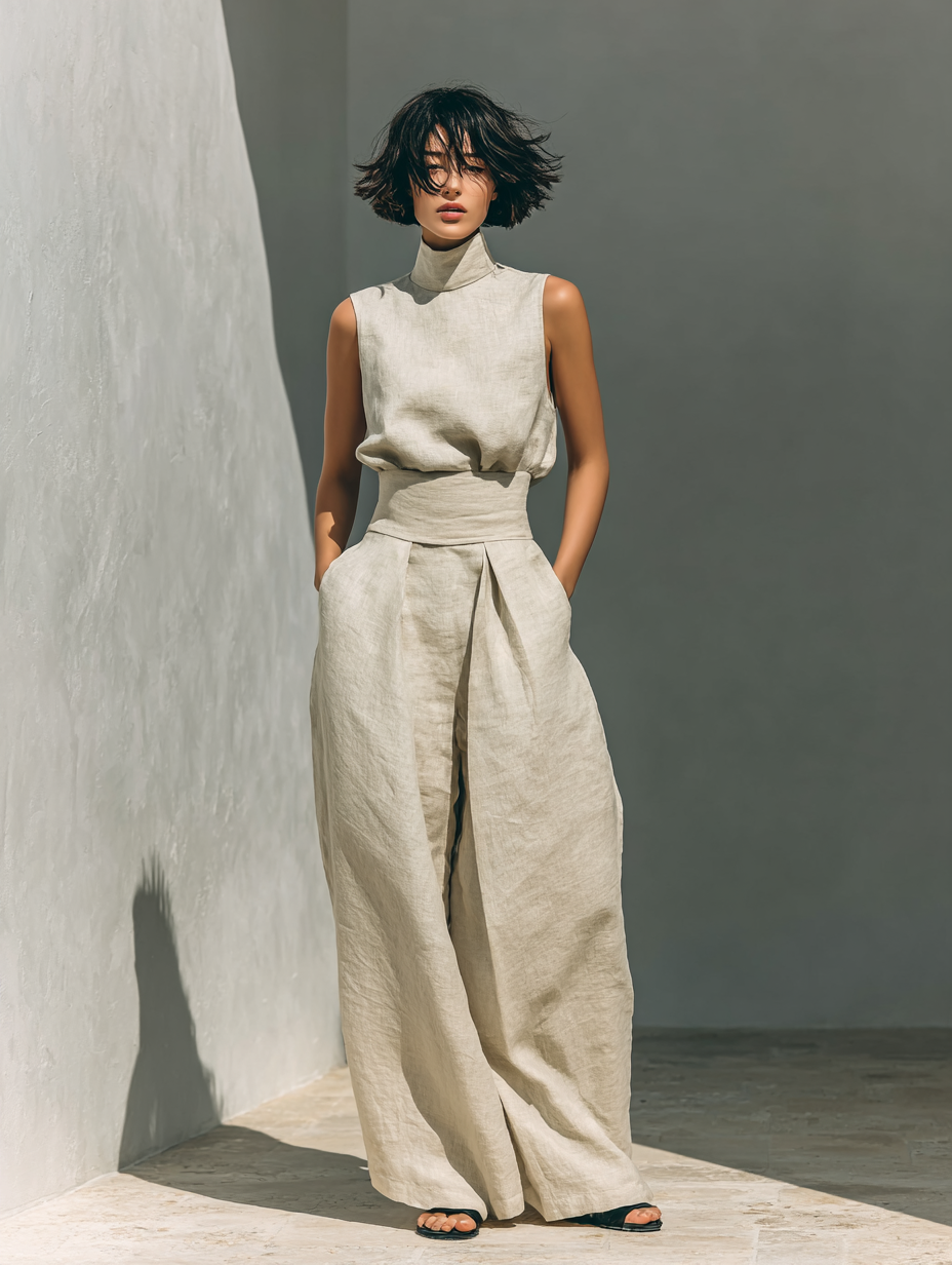 Komplettes Damen Sommer-Outfit Alina: Stylischer Zweiteiler mit ärmelloser Bluse & bequemer weiter Hose für den Sommer.