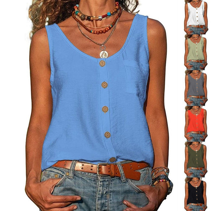 Damen Sommer-Top mit Knopfleiste, ärmellos und locker geschnitten. Ideal für Freizeit und Urlaub.