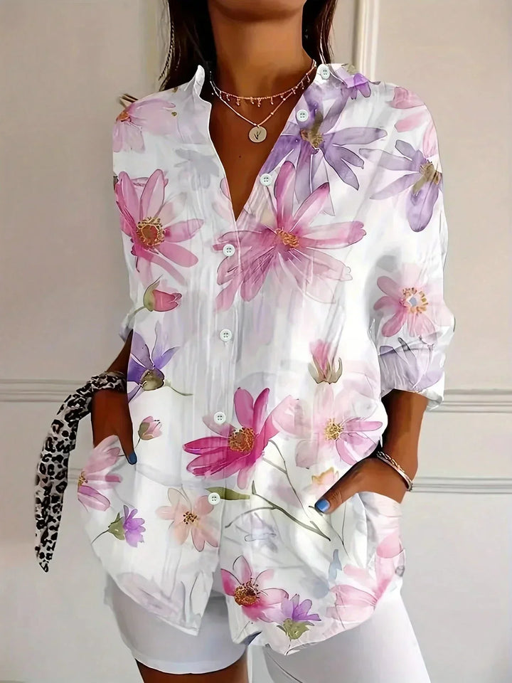 Elegante Damen Hemdbluse mit Blumenmuster, Langarm & klassischem Hemdkragen, perfekt für den Sommer.