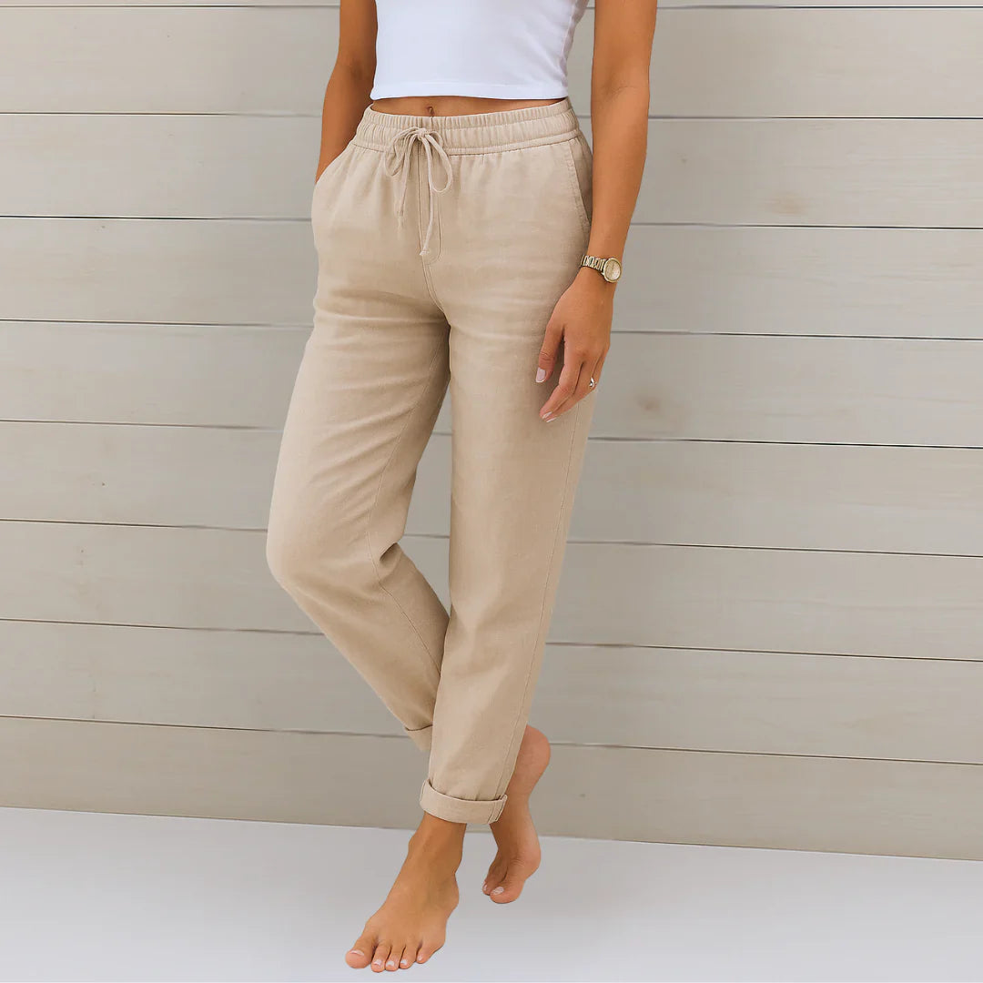 Damen Sommerhose mit Kordelzug, locker geschnitten, ideal für Freizeit & Alltag. Bequeme Freizeithose für Frauen.
