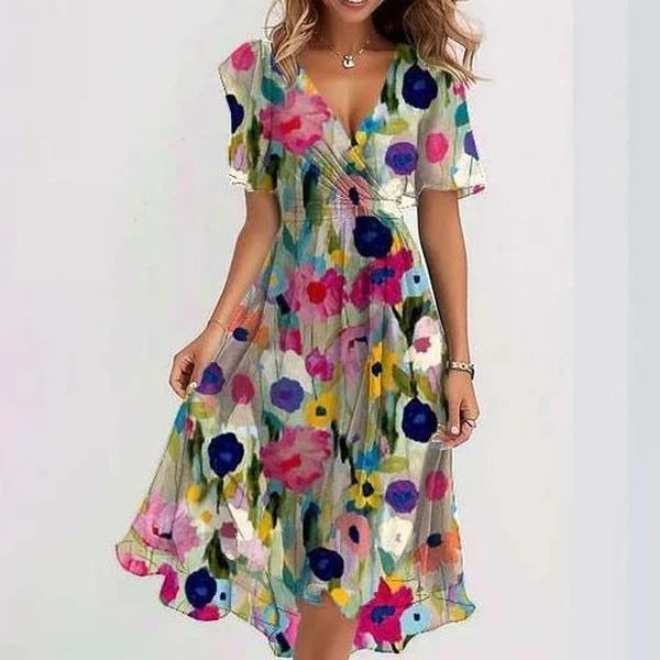 Figurfreundliches Damen Wickelkleid mit sommerlichem Muster, V-Ausschnitt & kurzen Ärmeln. Elegant & bequem.