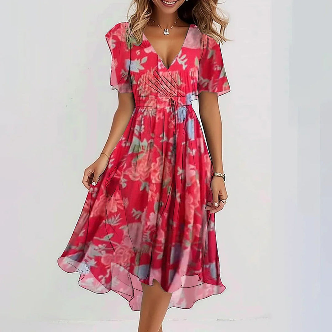 Modisches Damen Sommer Wickelkleid gemustert. Figurfreundliches Freizeitkleid mit V-Ausschnitt & zarten Flügelärmeln.