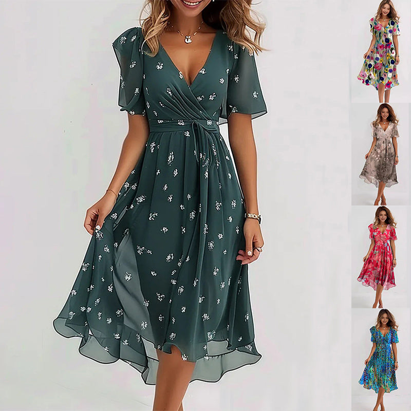 Dame im eleganten Sommer Wickelkleid mit Muster. Figurfreundliches Freizeitkleid mit V-Ausschnitt & Flügelärmeln.