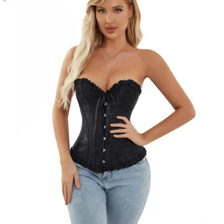 Damen Spitzenkorsett schwarz, elegant, figurbetont, mit Schnürung – perfekt für Abendmode & Dessous.