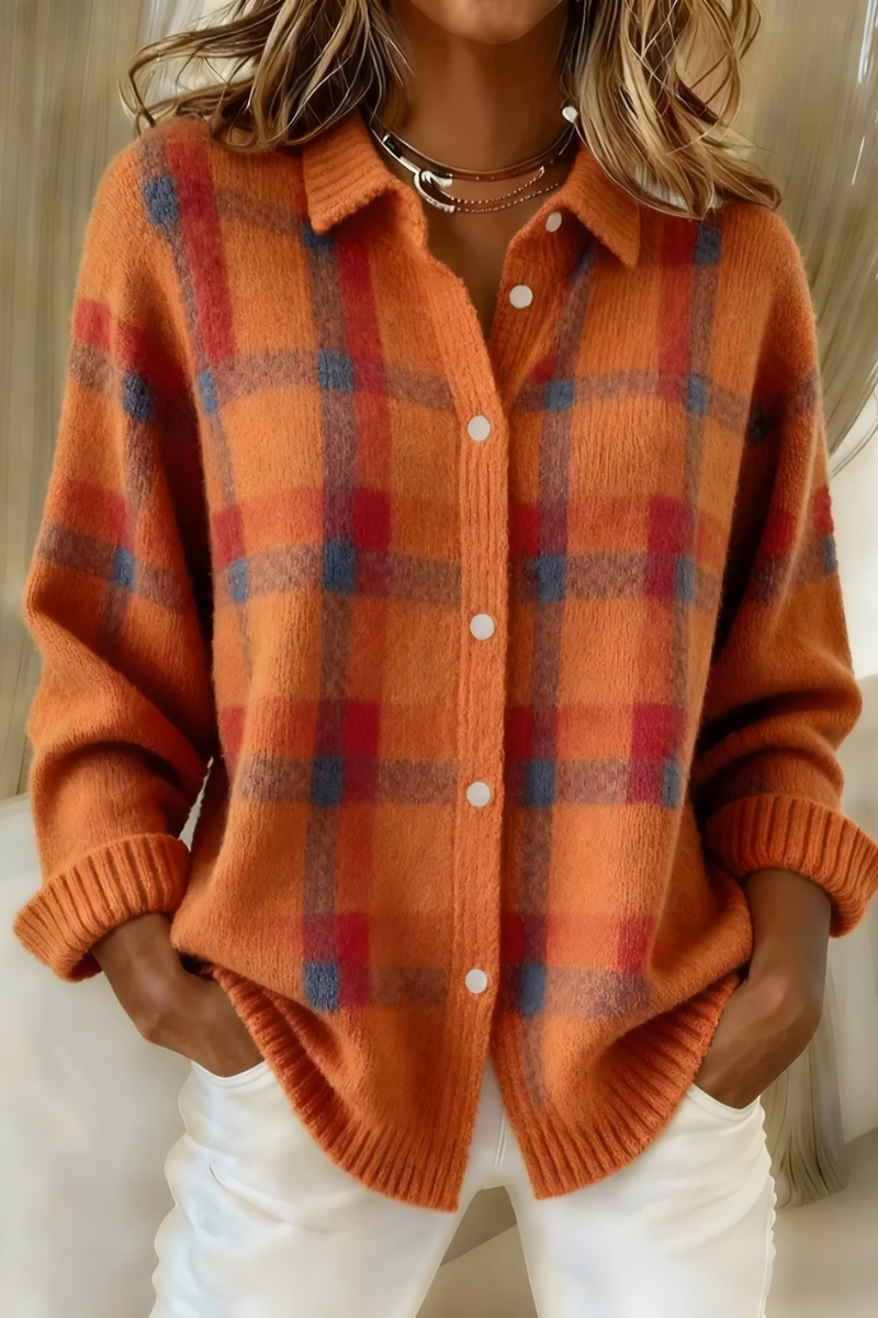 Damen Retro-Strickjacke mit Karomuster für einen gemütlichen Herbst-Look und trendige Freizeitmode.