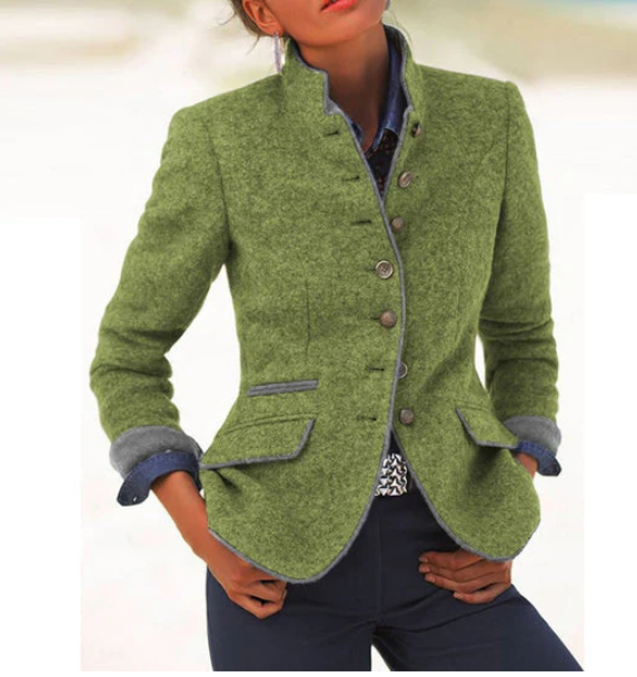 Klassischer Business Blazer für Damen, tailliert, mit eleganter Kontrastpaspel für professionellen Look.