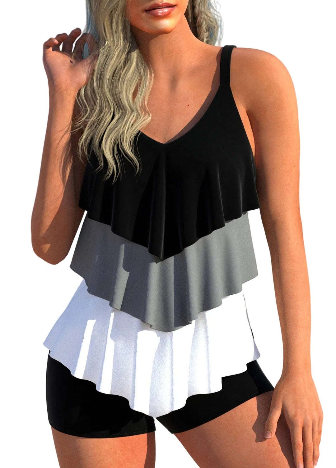 Modernes Damen Tankini Set. Komfortable Bademode mit hohem Bund, ideal für sommerliche Aktivitäten.