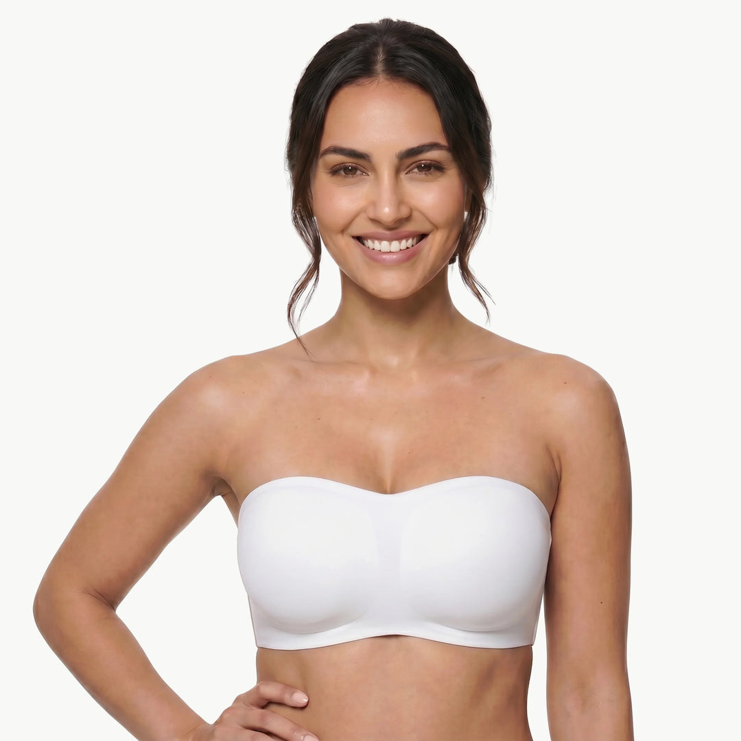 Schwarzer Damen Komfort BH, trägerlos, Push-up, bügellos, ideal für einen unsichtbaren Look.
