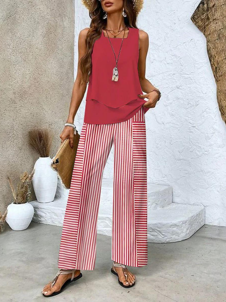 Damen Tweed Set mit quadratischem Ausschnitt, stilvolles Sommer-Outfit. Eleganter Zweiteiler, bequem.