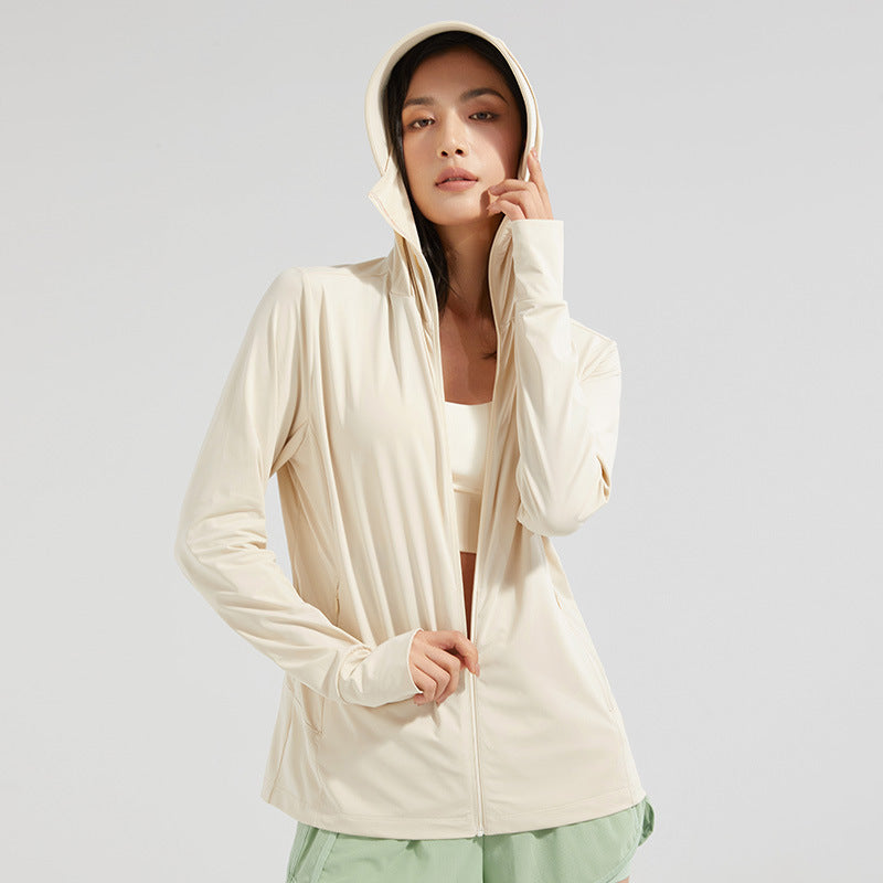 Damen UV-Schutz Kapuzenjacke mit abnehmbarem Gesichtsschutz. Ideal für Outdoor, Wandern & Radfahren.