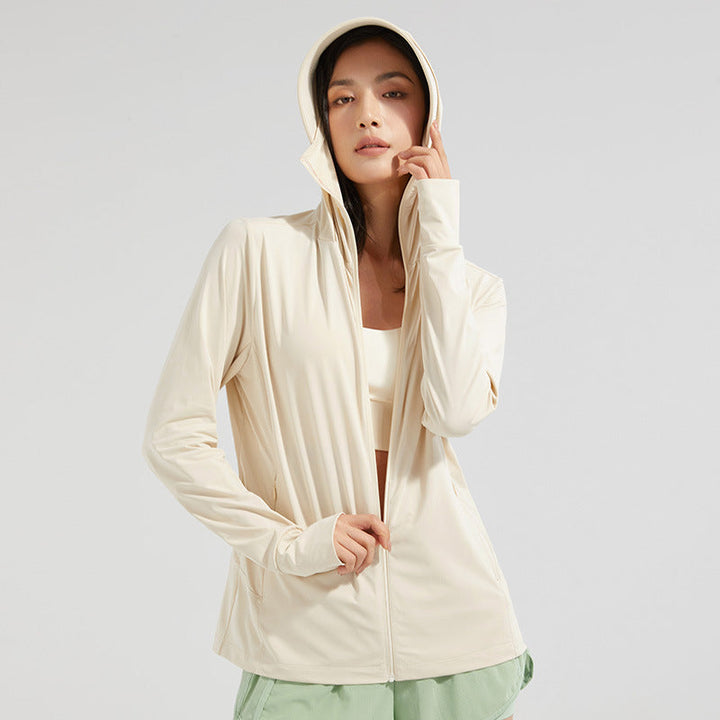 Damen UV-Schutz Kapuzenjacke mit abnehmbarem Gesichtsschutz. Ideal für Outdoor, Wandern & Radfahren.