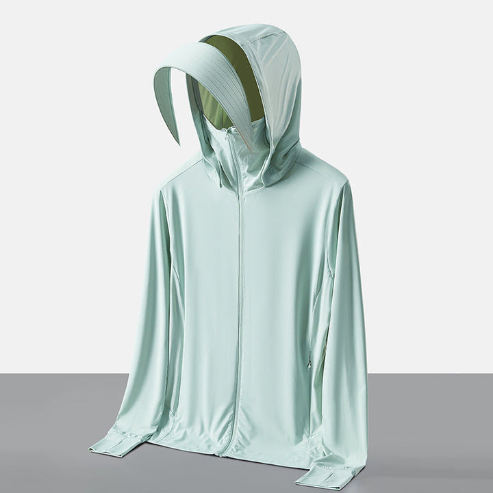 Atmungsaktive Damenjacke mit UV-Schutz und Kapuze, schützt Gesicht & Hals beim Radfahren & Sport.