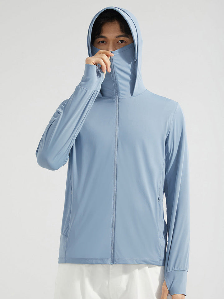 Sportliche Damen UV-Schutzjacke mit Kapuze und Gesichtsschutz für aktive Outdoor-Erlebnisse.