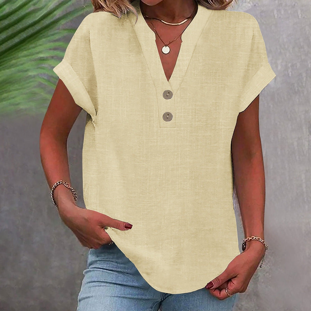 Lässiges Damen Sommer Longshirt: V-Ausschnitt, kurze Ärmel, luftig und bequem. Perfekt für die Freizeitmode.