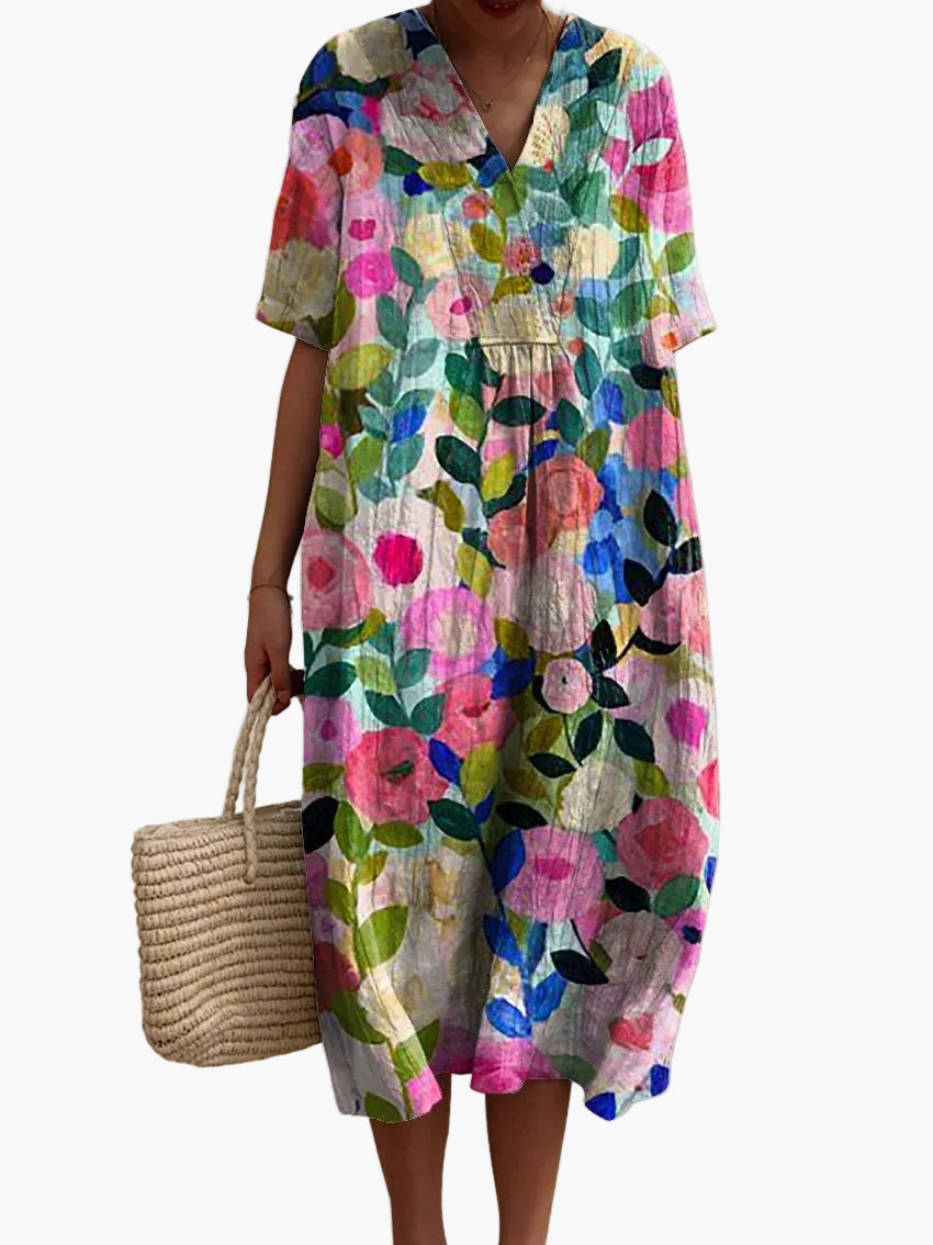 Damen Vintage Blumen Midikleid, locker & luftig, ideal für Sommerurlaub & Freizeit.