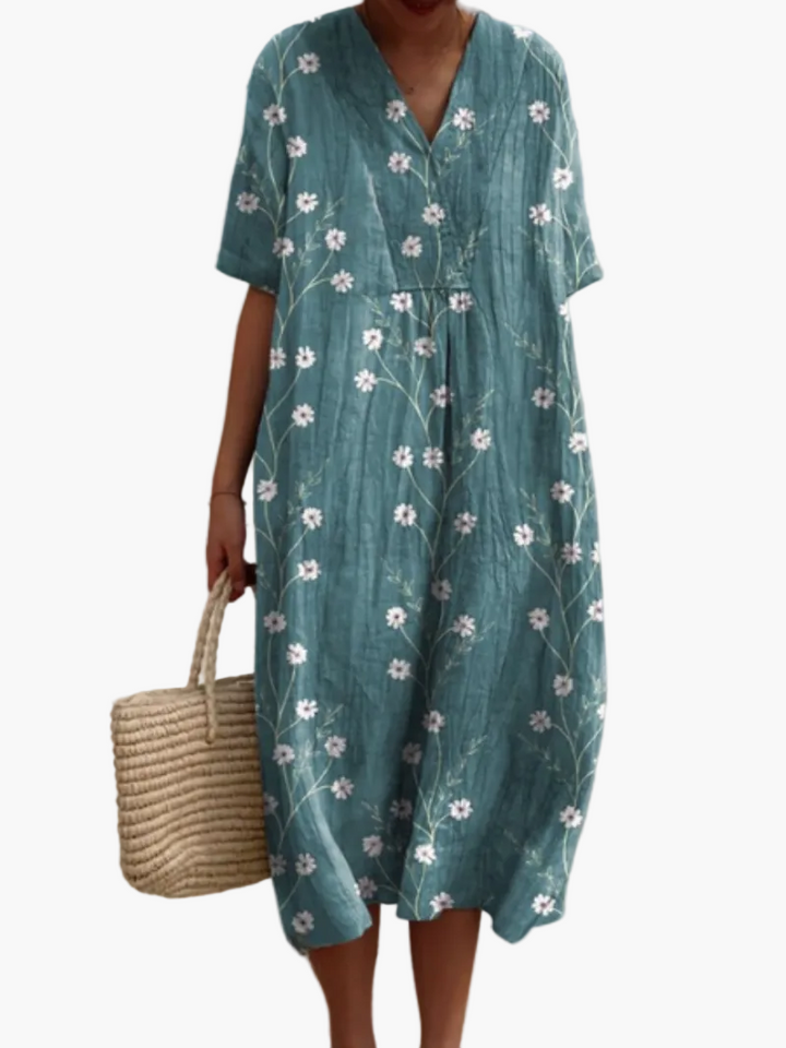 Kurzarm Midikleid für Damen, Blumenmuster im Vintage-Stil, bequem & modisch.