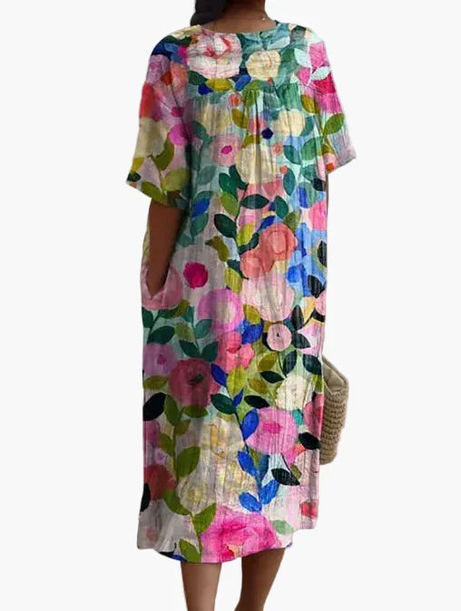 Kurzarm Damen Sommerkleid mit zartem Blumenmuster, A-Linie, perfekt für Urlaub & Freizeit.