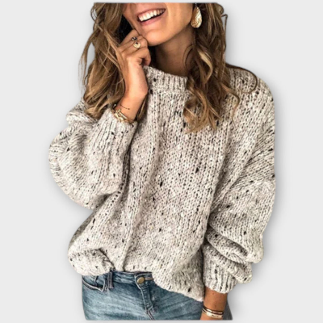 Eleganter Damen Vintage Strickpullover mit gesprenkeltem Muster in Beige, Grau & Blau. Perfekt für Komfort & Stil.