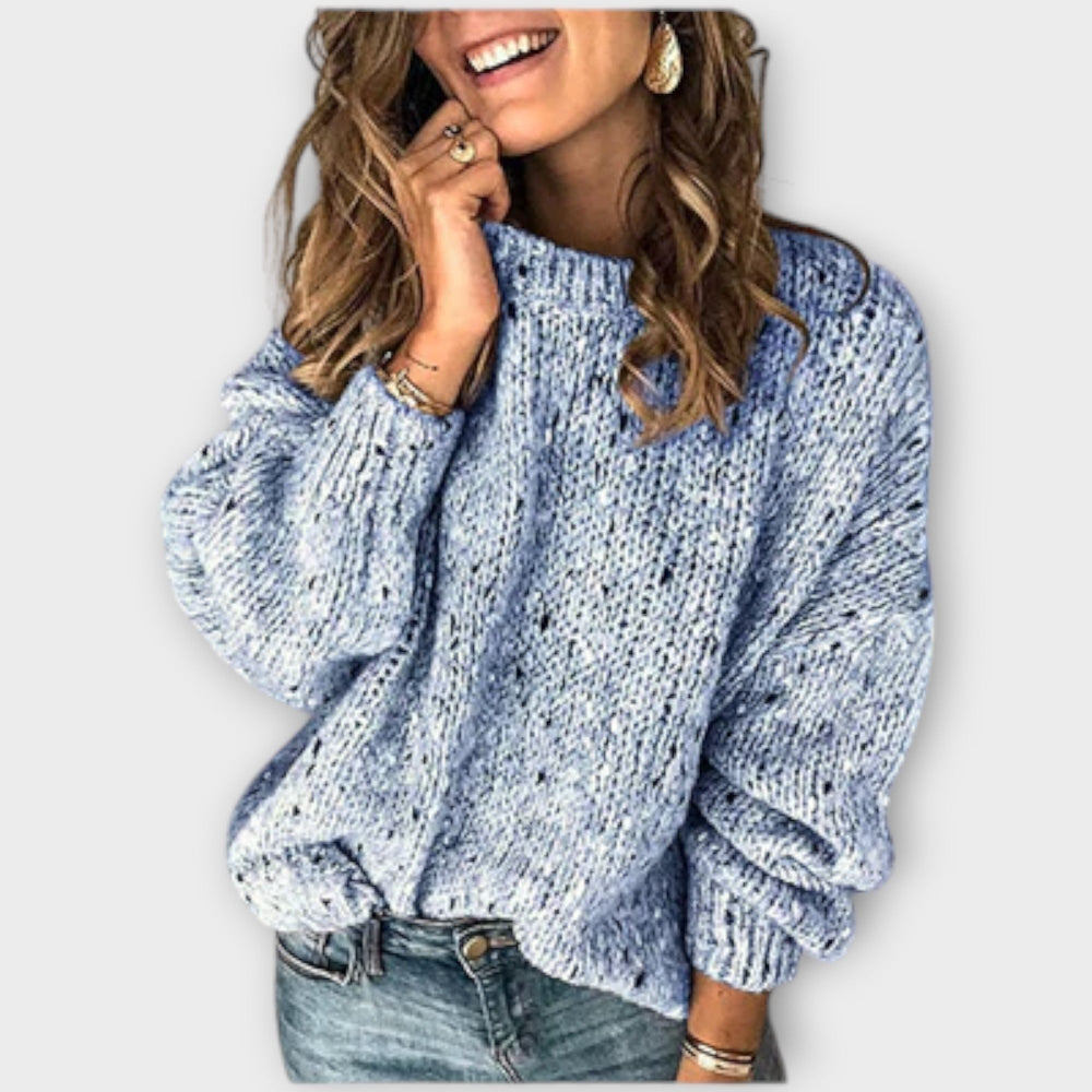 Gemütlicher Langarm Damenpullover im Vintage-Stil mit gesprenkelter Textur. Ideal für Layering & Alltagsmode.
