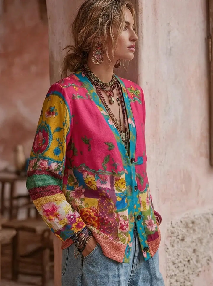 Detailansicht der rosa Damen Vintage Strickjacke, zeigt das feine Blumenmuster und die hochwertige Strickmode.