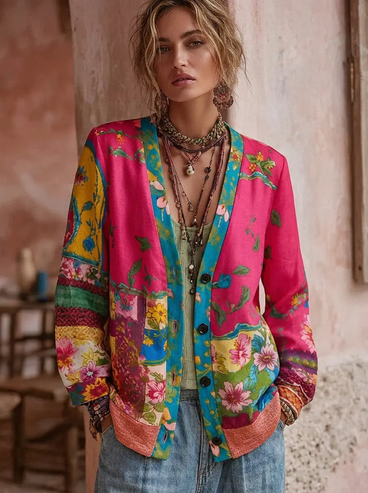 Damen Vintage Strickjacke in Rosa mit elegantem Blumenmuster, Langarm und lockerer Passform für stilvolle Freizeit.