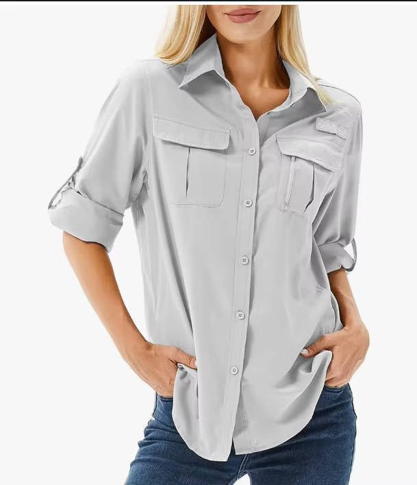 Leichte Damen Outdoor-Bluse mit UPF 50 Sonnenschutz, ideal für Wandern und Reisen im Sommer.