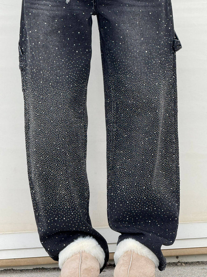 Bequeme Damen Weite Ballon-Jeans mit edlen Strass-Steinen für den Alltag.