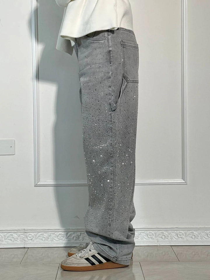 Trend Damen Weite Ballon-Jeans mit Strass-Details, vielseitig kombinierbar.