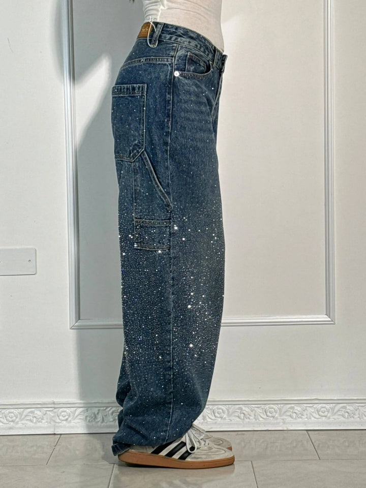 Lässige Damen Weite Ballon-Jeans mit glitzernden Strass-Steinen, ideal für Frühling & Herbst.