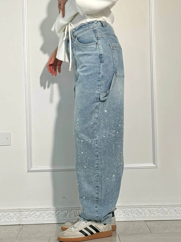 Damen Weite Ballon-Jeans mit Strass, perfekt für einen modischen und bequemen Look.
