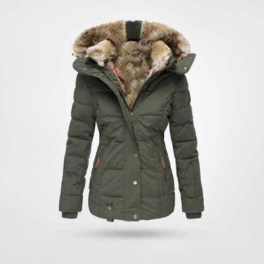 Hochwertige Frauen Winterjacke, wasserdicht und atmungsaktiv, mit warmer Kapuze für den Winter.